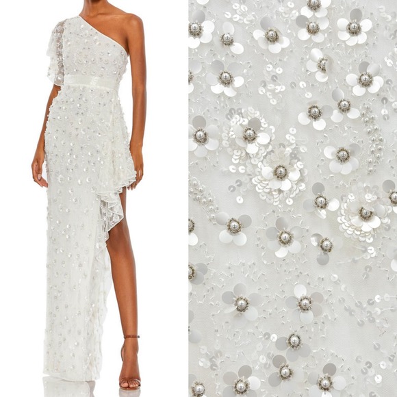Mac Duggal White One Shoulder Flower Embellished Ruffle Gown NWT $598 Size 2 - Picture 1 of 16